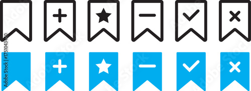 Bookmark Add and remove  icon set. plus and minus sign. Includes save, check and cross symbols. Bookmark action icons with symbols Vector
