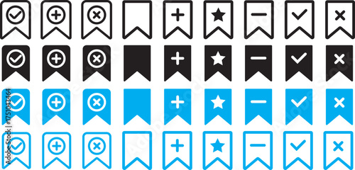 Bookmark Add and remove  icon set. plus and minus sign. Includes save, check and cross symbols. Bookmark action icons with symbols Vector

