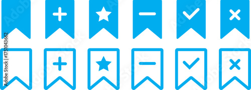 Bookmark Add and remove  icon set. plus and minus sign. Includes save, check and cross symbols. Bookmark action icons with symbols Vector
