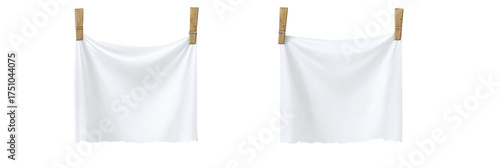 Two white fabrics hung on a clothesline with wooden clips, on a stark black background