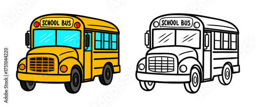 Colorful school bus with black and white outline version. Cute cartoon vector illustration for kids coloring books, educational materials, preschool activities and creative designs.
