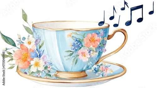 an elegant teacup with musical notes floating above