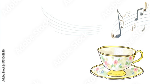 an elegant teacup with musical notes floating above