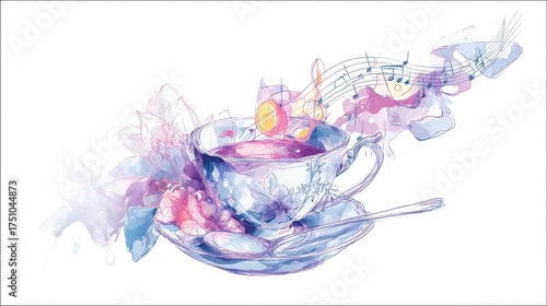 an elegant teacup with musical notes floating above