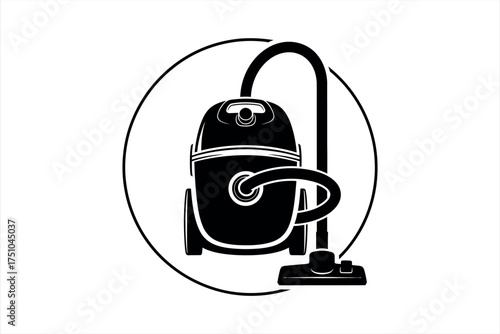 Black and white graphic of a canister vacuum cleaner inside a circle cleaning domestic appliance