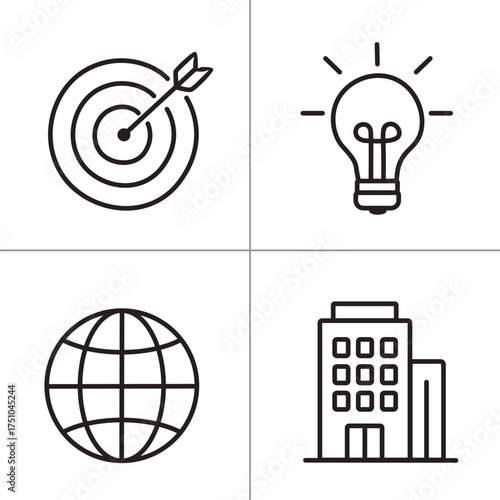 Business Line Icon Set . Target, Globe, Idea Bulb, and Office Building in Minimalist Outline Style