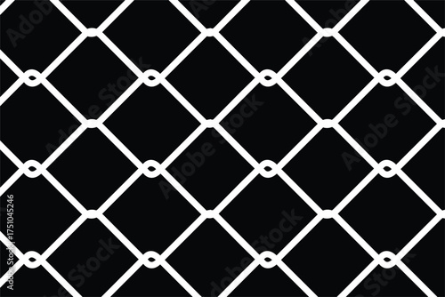 Seamless white outline vector pattern of a chain link fence or wire mesh on a black background. Interlocking diamond grid texture representing security, barrier, and enclosure. High-contrast graphic.