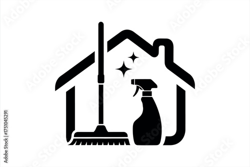 Black house outline with broom spray bottle and sparkles icon cleaning home