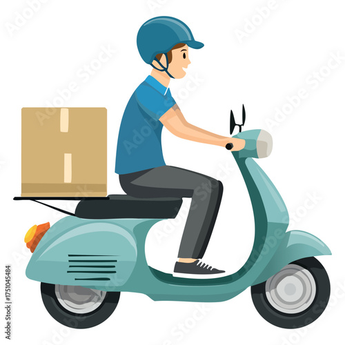 Delivery guy or a courier riding scooter with a box behind him. vector illustration element for logistic, online shopping delivery and transportation theme.