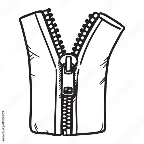 Illustration of an Open Zipper in Black and White Style Perfect for Fashion Design and Clothing Accessory Concepts