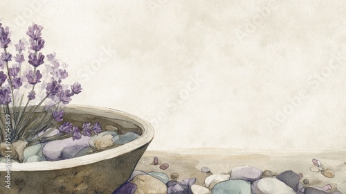 A watercolor, realistic, detailed illustration of lavender in a pot