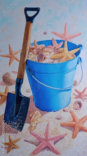 an old blue bucket full of seashells and starfish 