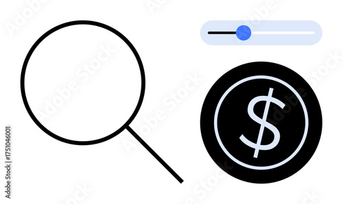 Magnifying glass, dollar symbol coin, and slider tool suggest financial analysis, pricing adjustments, or budgeting optimization. Ideal for finance, research, business, investment economy
