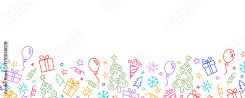 Colorful Christmas line art doodles border seamless pattern background