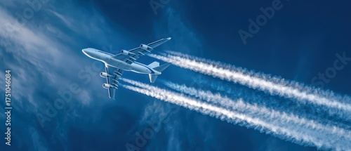 Modern commercial airplane flying high in blue sky leaving contrail behind du daytime, representing travel and transportation services