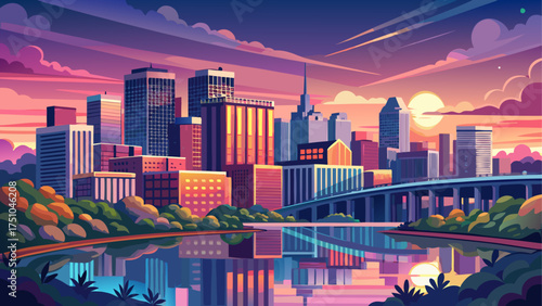 Very beautiful Richmond Virginia skyline reflecting on the James River under a pastel evening sky with city lights glowing in harmony.
