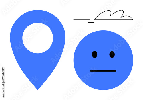 Blue location marker next to a neutral face with a small cloud and lines. Ideal for emotions, navigation, observation, location, mood, simplicity, minimal design. A simple flat metaphor