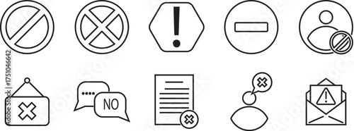 Blocked Line Icons set. block icon, erroer icon, bloked user icon, span icon, denied icon, refuse icon, closed icon.