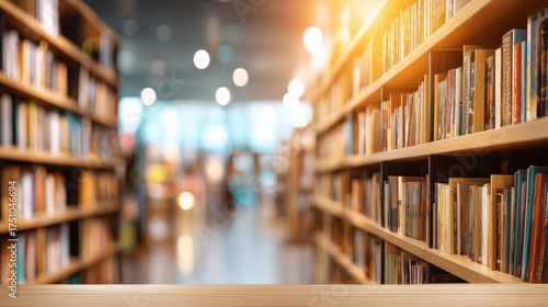 Wide-angle view of modern bookstore interior with shelves filled with colorful books under warm lighting and blurred background