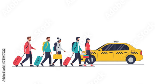A diverse group of people with luggage walking towards a yellow taxi cab.