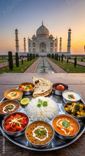 Indian Cuisine Feast with Taj Mahal Backdrop - A Culinary Journey.