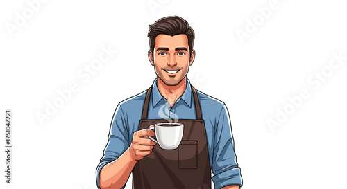 A smiling barista holding a cup of coffee, wearing an apron, and looking directly at the viewer.