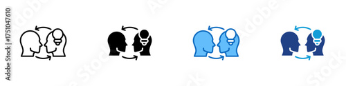 Idea Exchange Multiple Style Icon Design Vector - Two heads with arrows and a light bulb, symbolizing brainstorming, communication, and creative collaboration