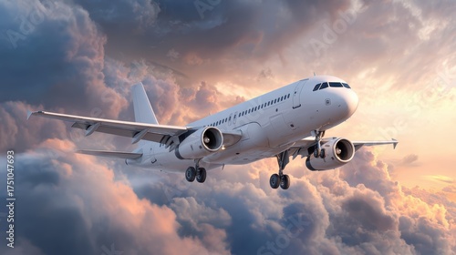White commercial airplane flying through cloudy sky du sunset with vibrant orange and purple hues modern jet aircraft in flight