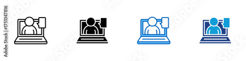 Online Meeting Multiple Style Icon Design Vector - Video call on laptop showing person communicating virtually, representing remote work or digital learning