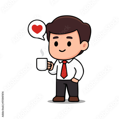 Cute office worker cartoon character drinking coffee with love heart speech bubble. Businessman chibi illustration holding cup of coffee with heart icon.