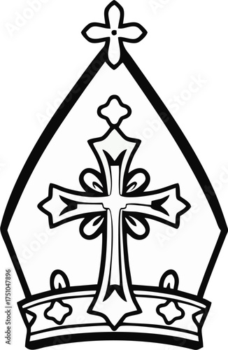 Stylized Bishop Mitre Vector – Ornate Cross Crown Black and White Catholic Ceremonial Icon