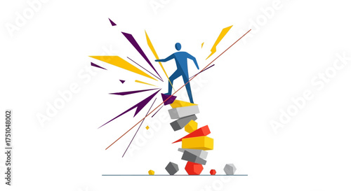 Person balancing on a stack of blocks with colorful abstract background.