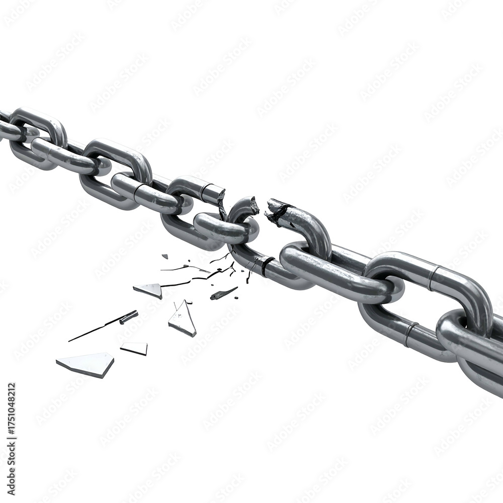 Fototapeta premium Close-up of a metallic chain broken in the middle, shattered link with debris