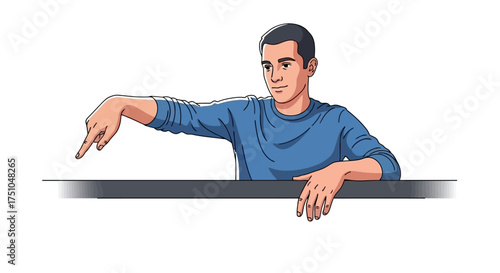 A man in a blue shirt points his finger downwards, indicating something below.