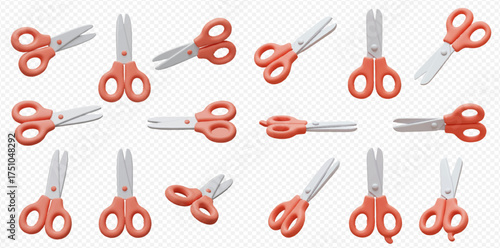 Collection of orange-handled scissors in various orientations on a transparent background.