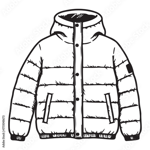 Puffer Jacket Vector Illustration Warm Winter Coat with Hood and Pockets Detailed Line Art Clothing Design for Fashion and Apparel Projects