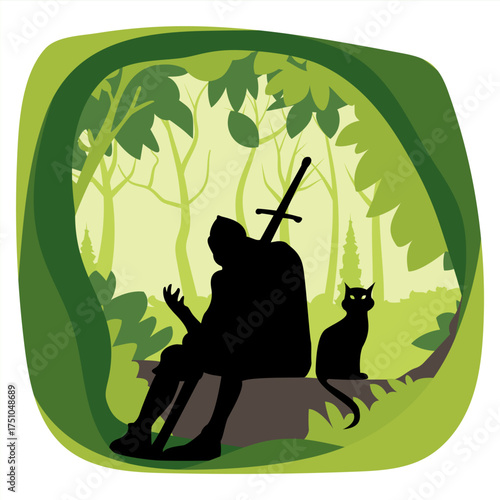 Silhouette of a warrior resting in a forest beside a cat, peaceful nature scene in green tones, fantasy adventure concept illustration.