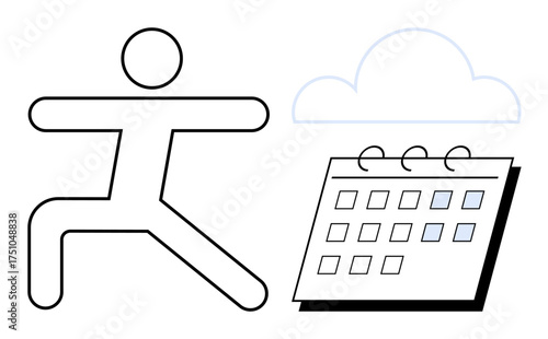 Abstract figure in a fitness pose by a calendar and cloud, symbolizing workout tracking, task management, and online synchronization. Ideal for health, planning, productivity, organization, wellness