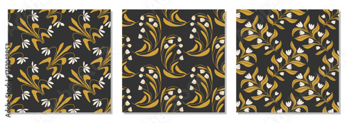 Set of trendy minimalist seamless botanical pattern with abstract creative hand drawn composition