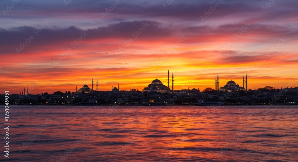 Fototapeta premium Mosque, Istanbul evening, water, sunset, night, sky, sea, river, city, sun, clouds, sunrise, lake, ocean, bridge, travel, red, harbor, boat, nature