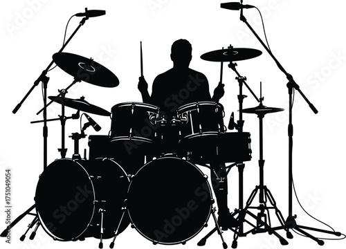 Silhouette of drummer playing drum kit on stage, music performance, live concert, musical instrument, drumsticks, rhythm, entertainment, band practice
