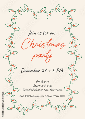 Hand-drawn Christmas invitation template for festive cocktail parties. Designed in a stylish coquette theme. Perfect for inviting guests to merry celebrations and creating unique invitations