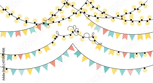 Festive party decorations with glowing string lights and colorful triangular bunting flags on a white background.