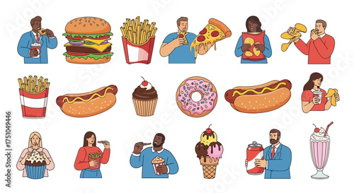 Collection of people eating fast food, including burgers, pizza, fries, and hot dogs.