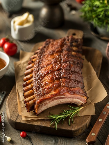 Juicy smoked pork ribs appetizingly glazed with savory sauce and fresh rosemary