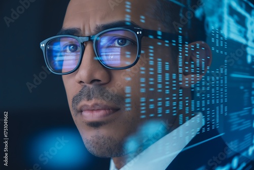 Man wearing glasses with futuristic digital overlay concept business technology and data