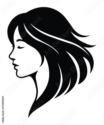 Elegant Female Silhouette Profile with Flowing Hair Vector Art.