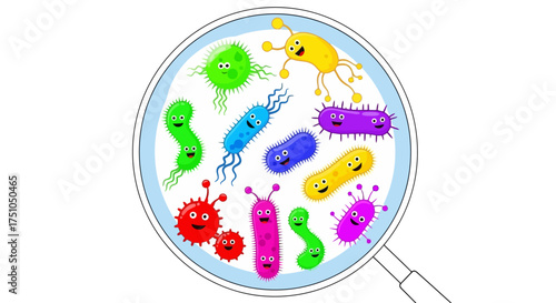A colorful collection of cartoon microbes and bacteria viewed under a magnifying glass.