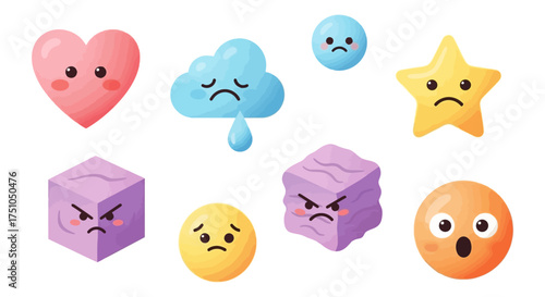 A collection of cute cartoon icons depicting various emotions like sadness, anger, and surprise, including a heart, cloud, star, and cubes.
