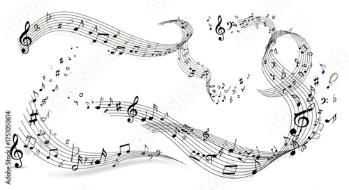 An abstract illustration of flowing musical notes and staves on a white background.